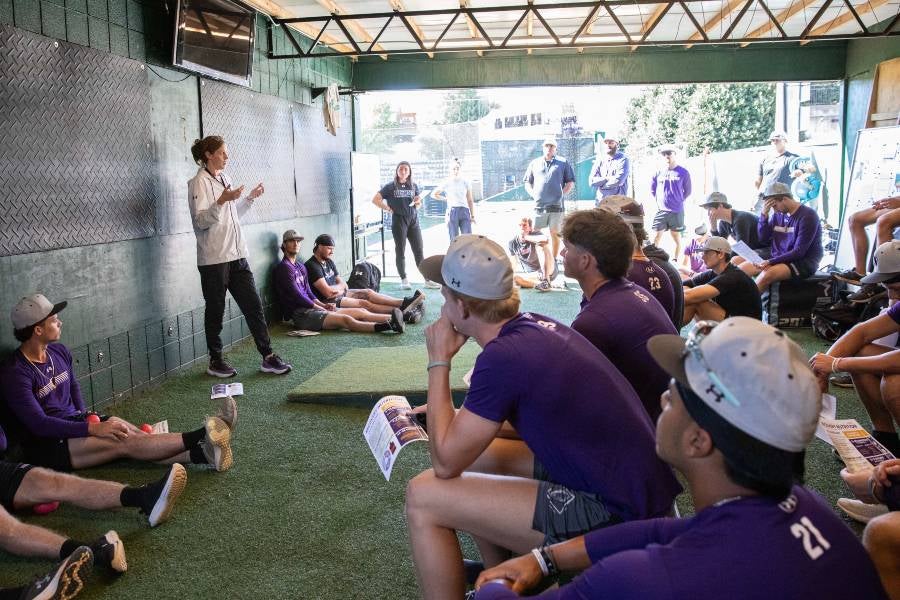 Lipscomb sports dietitian Ann Toy presenting nutrition info to the baseball team