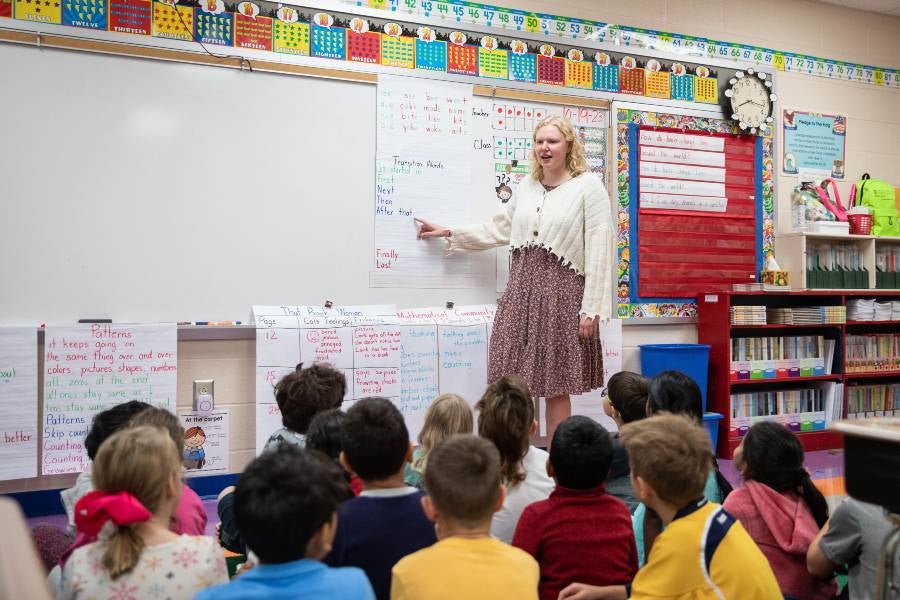Teacher standing in front of classroom teaching students about reading. 