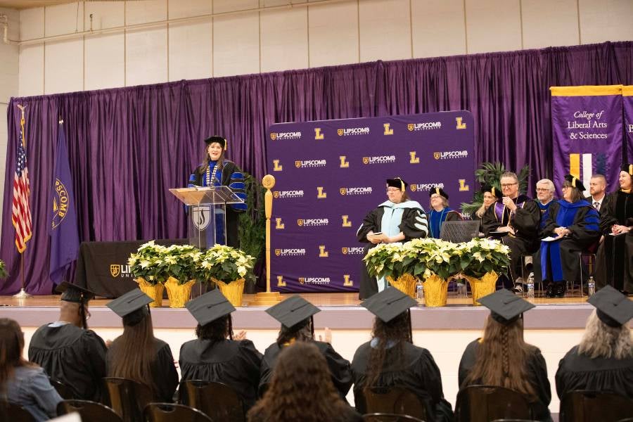 President Candice McQueen speaks to LIFE graduates during the ceremony in DJRC on Dec. 11. 