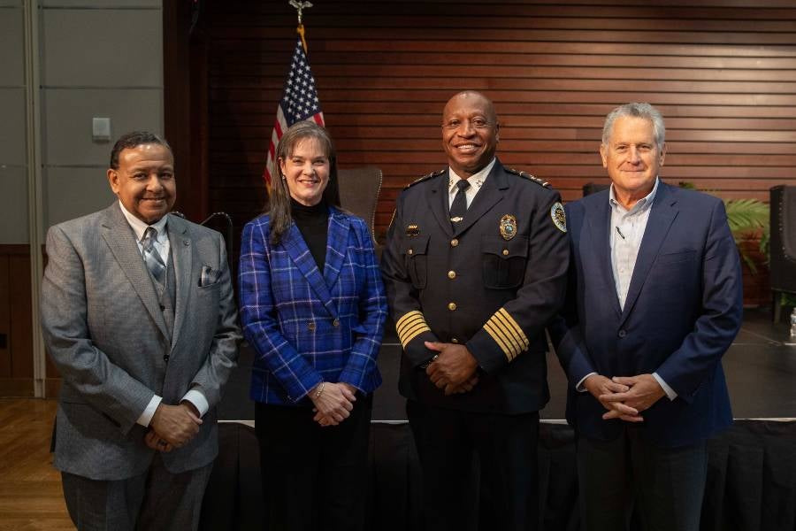 From left to right, William Turner, Lipscomb President Candice McQueen, MNPD Chief John Drake and Board of Trustee member Tony Giarrantana. 