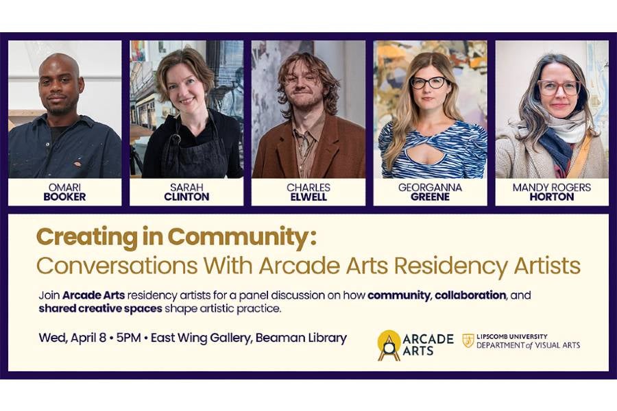 Artwork with photos of five panelists pictured. 