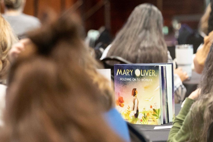 A children's book standing up between teachers attending the Global Voices conference