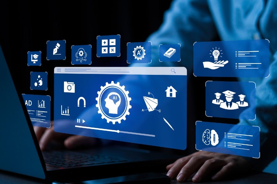 An illustration of digital features popping out from a computer, representing the breadth of AI potential