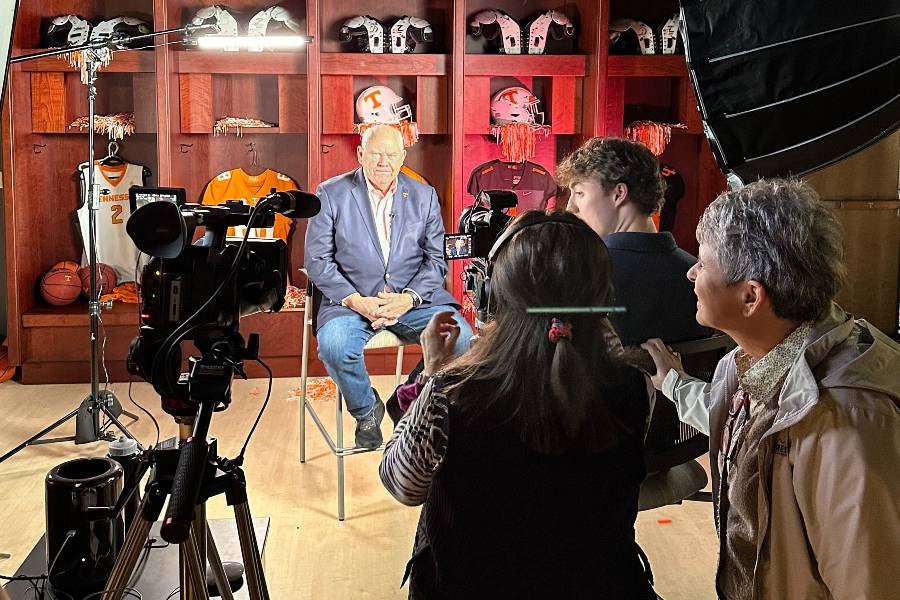 Students and mentor interviewing Phil Fulmer for the documentary