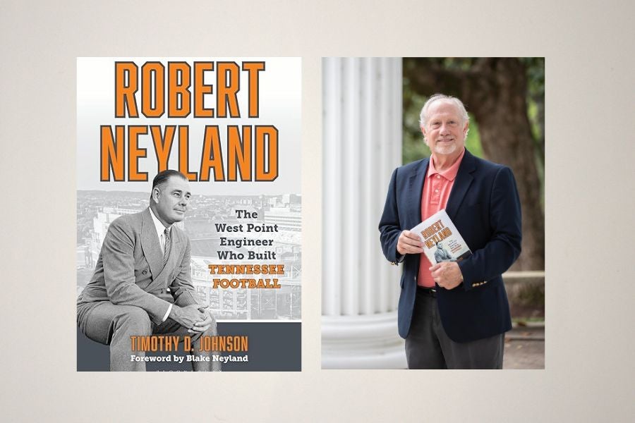 Book Cover on the left and Tim Johnson with book on the right