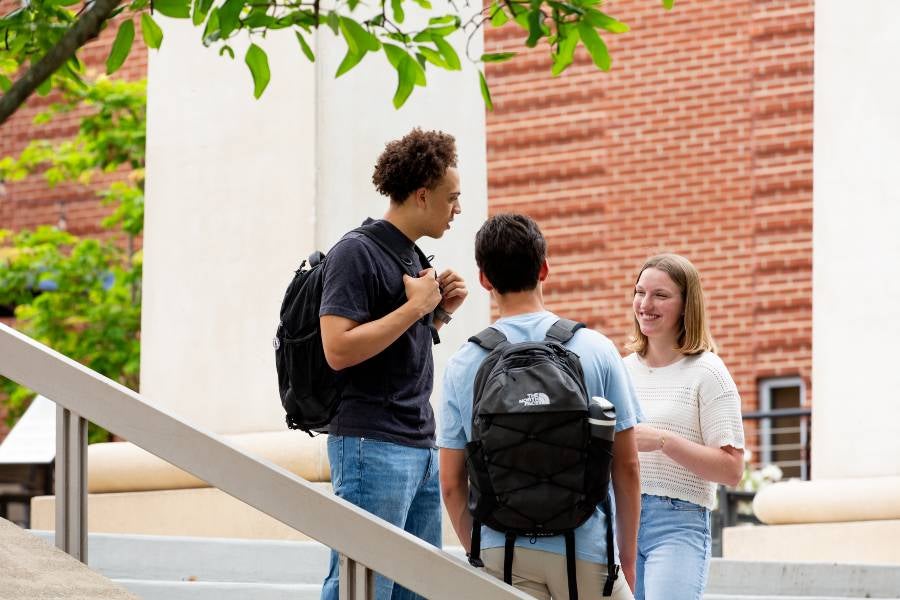 Three students standing on the steps talking