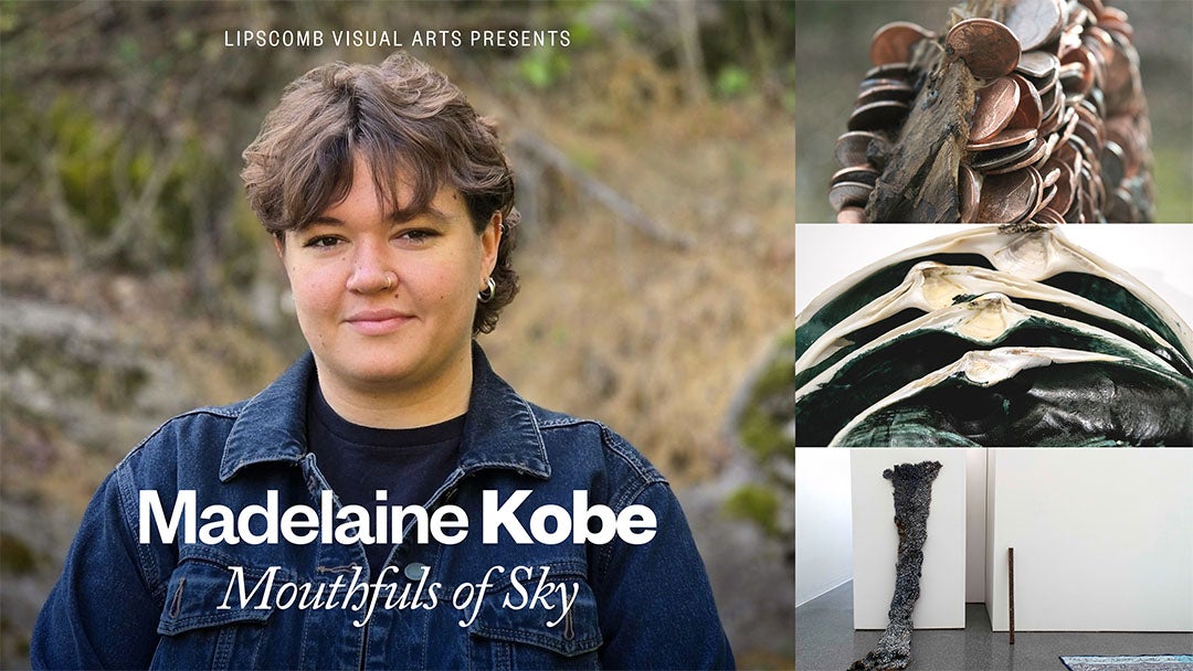 Artist Madelaine Kobe with 3 images of her works 