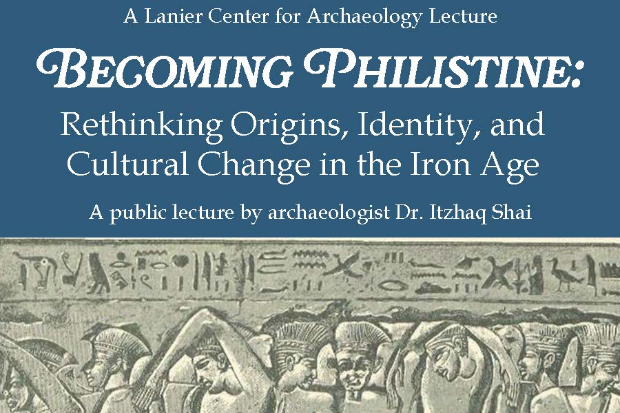 graphic image with stone carvings pictured along with with the title and date of the event, Oct. 6, and the name of the speaker, Dr. Itzhaq Shai.