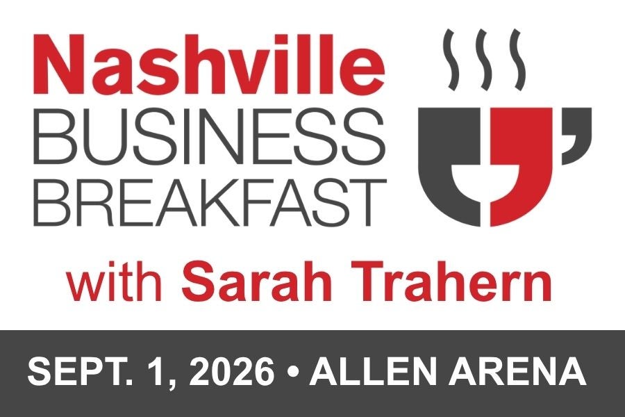 graphic image with Nashville business breakfast logo, title and speaker name