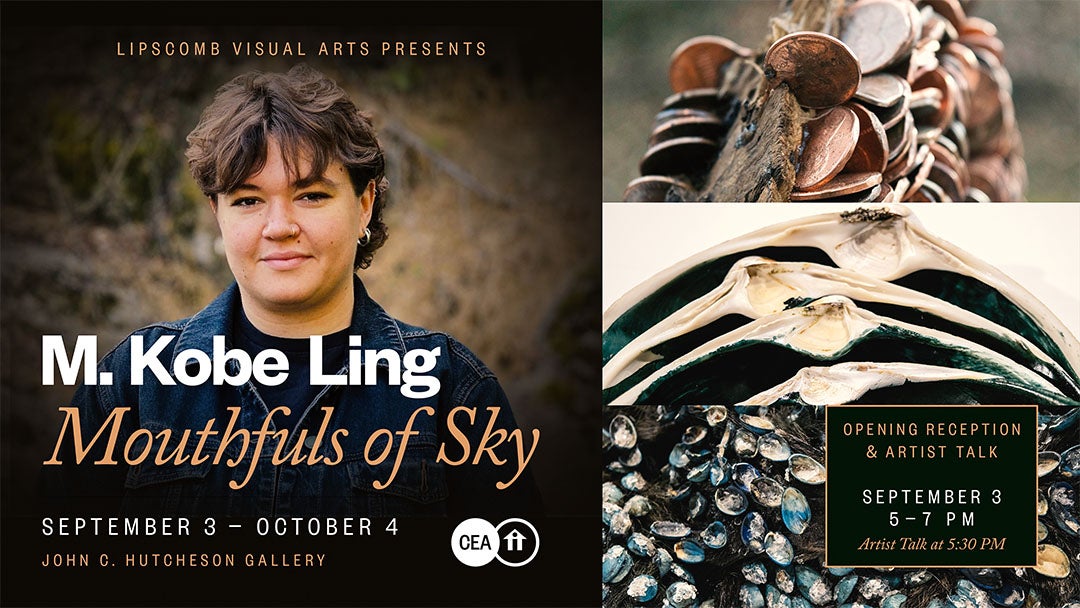 Headshot of Artist M. Kobe Ling with 3 images of her works