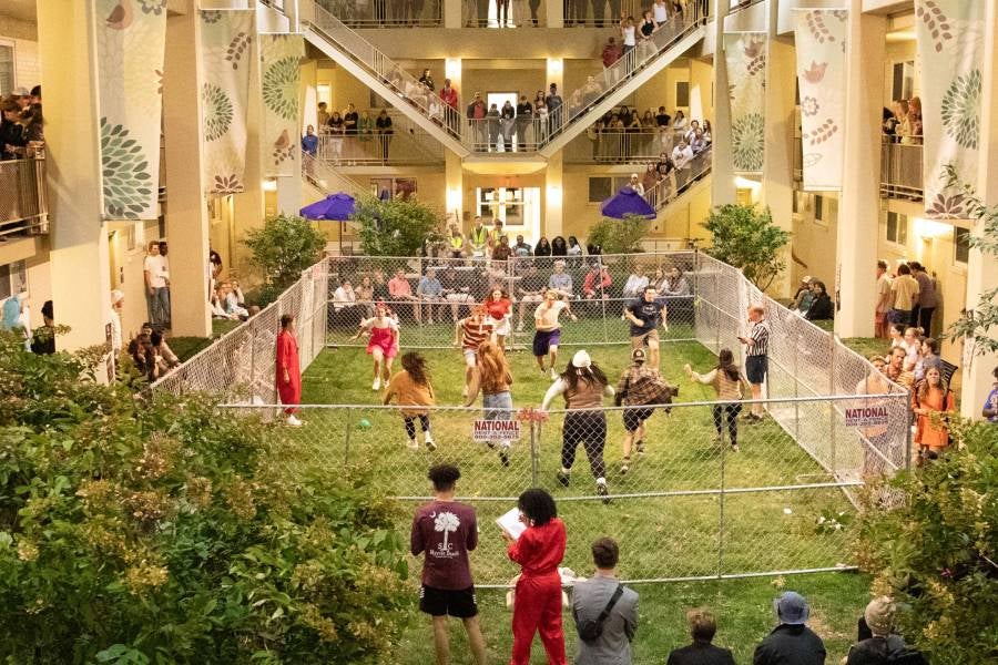 Students playing dodgeball in Fanning Hall