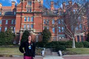 Stephanie Hiser in front of Johns Hopkins