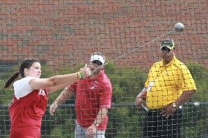 Lee Stowers competing in the hammer throw while a student-athlete at the University of Alabama