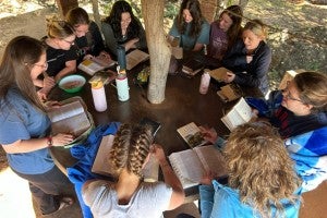 A mission team studies the Bible together on a past trip to Malawi