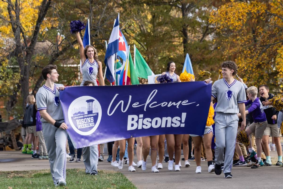 The "Welcome Bisons" banner from the student parade at Bisons Weekend