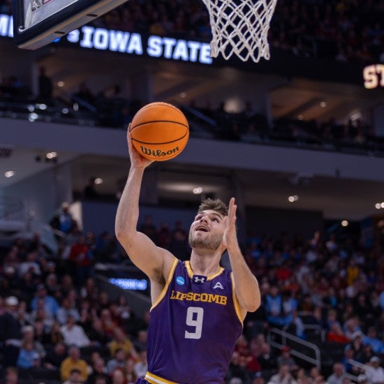 Jack Ingold making a shot in the Bison's 2025 NCAA game