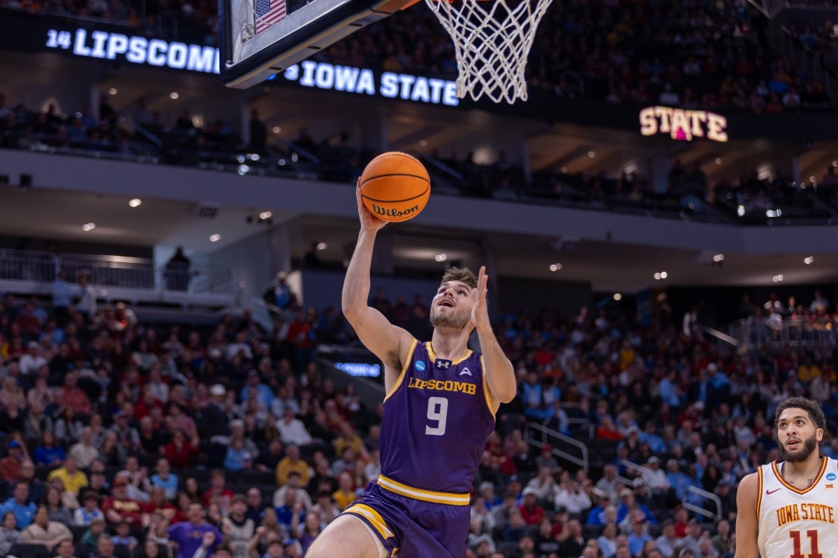 Jack Ingold making a shot in the Bison's 2025 NCAA game
