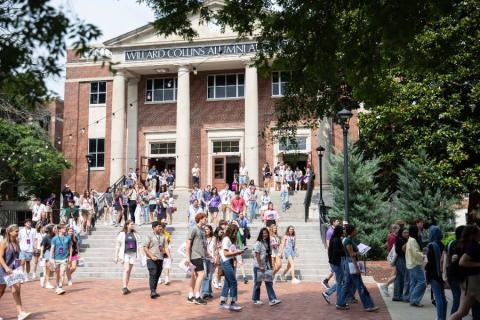 Collins Auditorium with students in Bison Square