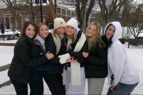 Six Lipscomb students in the snow during Winter Storm Fern. 