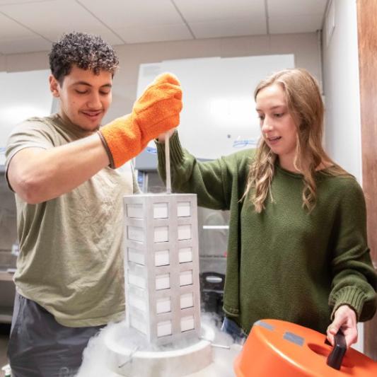 Students working with the freezer in the lab