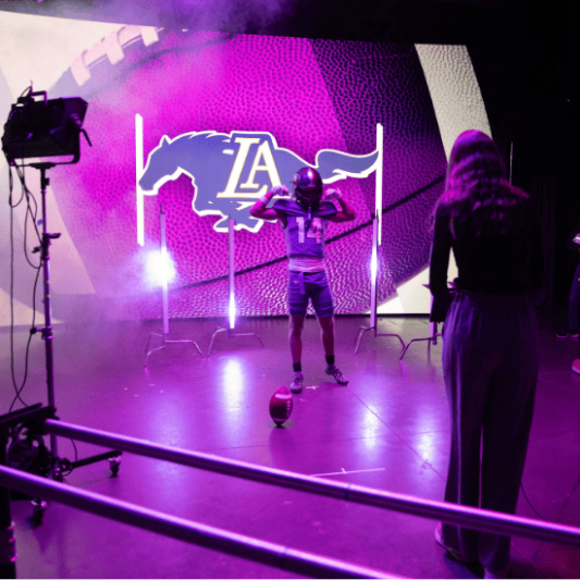 A professional-scale LED volume wall measuring approximately 30 feet wide by 15 feet tall, designed for real-time virtual production.