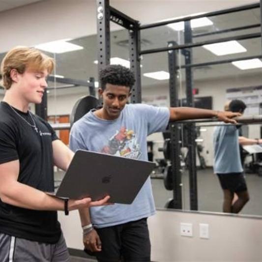 students in the gym looking at a laptop