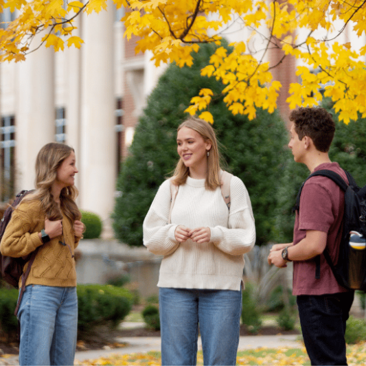 Students chatting on campus in the fall