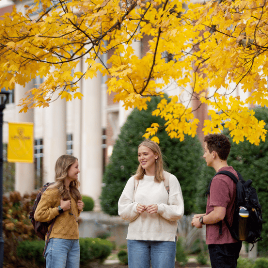 Three students talking on Lipscomb's campus in the fall