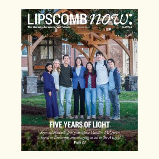the magazine cover with Lipscomb President Candice McQueen posing with six Lipscomb students in front of the new pavilion