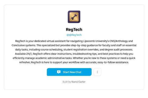 Screen shot of a bot in the Registrar's Office. 