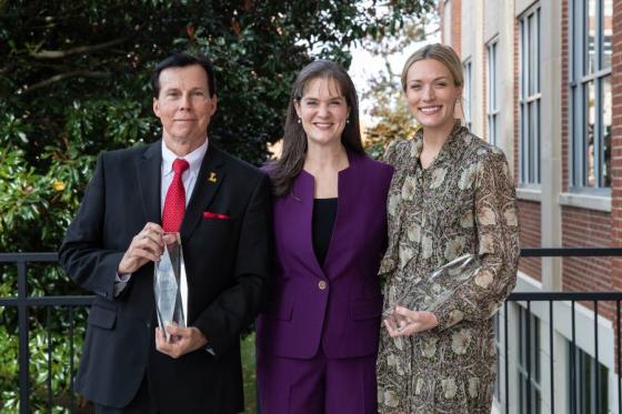 Lipscomb President Candice McQueen with the 2025 top alumni award honorees Drew Davis (’81) and Alex Samuels (’11).