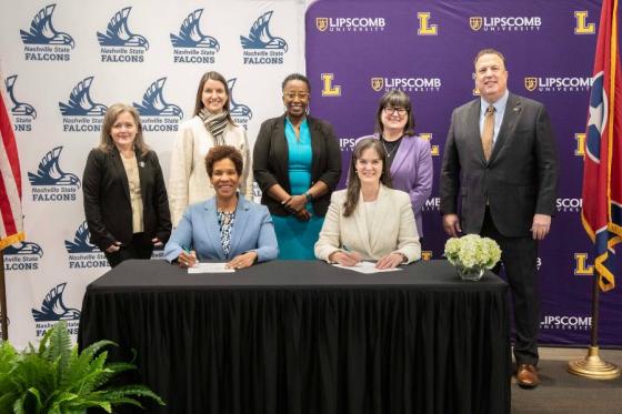 Lipscomb President Candice McQueen and Nashville State President Shana Jackson.
