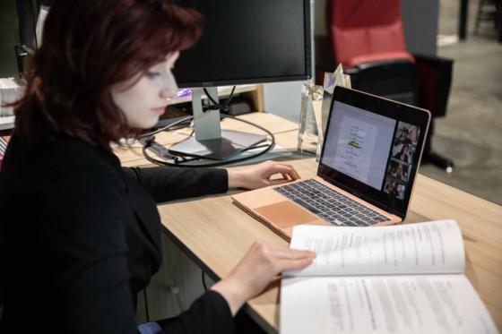 Student at computer in class