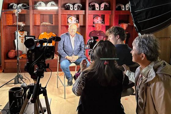 Students and mentor interviewing Phil Fulmer for the documentary
