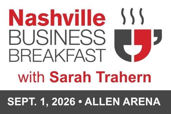 graphic image with Nashville business breakfast logo, title and speaker name