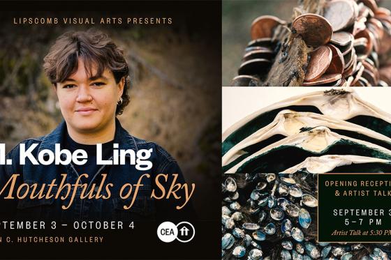 Headshot of Artist M. Kobe Ling with 3 images of her works