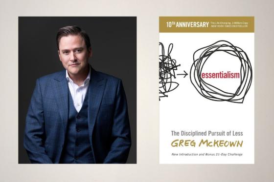 Greg McKeown side-b7y-side with the book cover for Essentialism