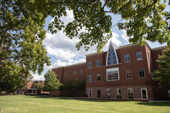 Outside shot of Ezell building in the springtime.